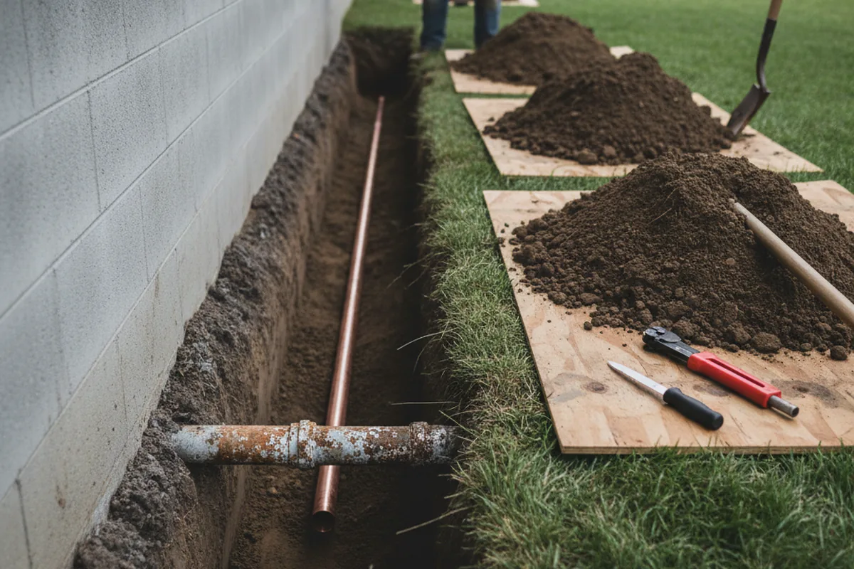 Excavated water line trench during Water Softener Installation in Slingerlands